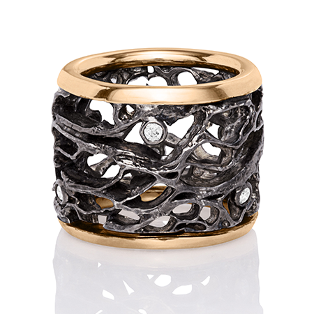 Sea Fan Ring with Diamond in Blackened Silver
