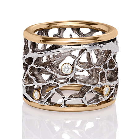 Sea Fan Ring with Diamond in Blackened Silver